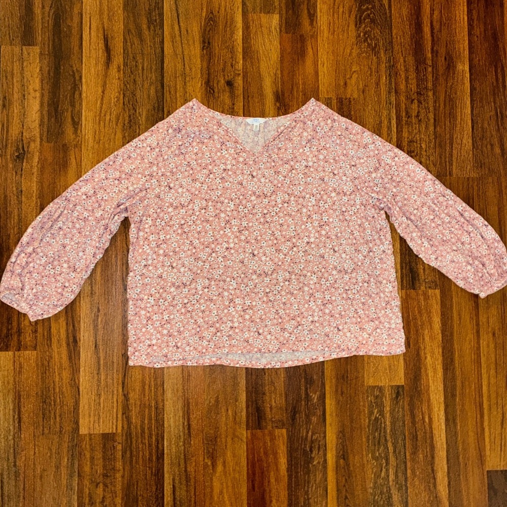 Time and Tru Women Pink Floral Ditsy Print V-Neck Long Sleeve Blouse XXL 20